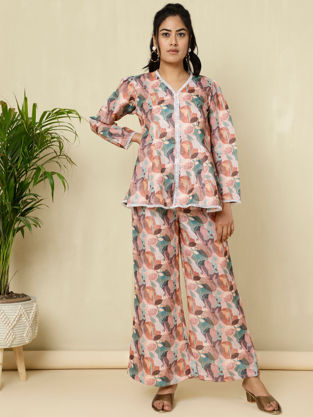Rose Abstract Printed Top With Palazzo Co-ord Set