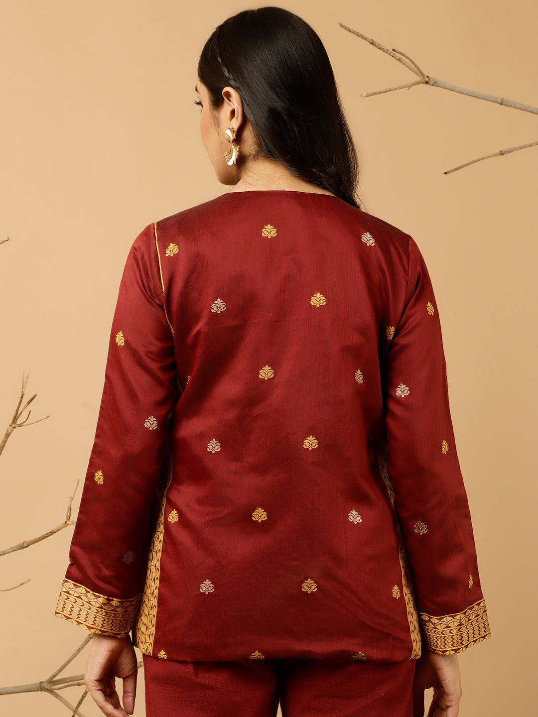 Maroon Jacquard Chanderi Embroidered Jacket