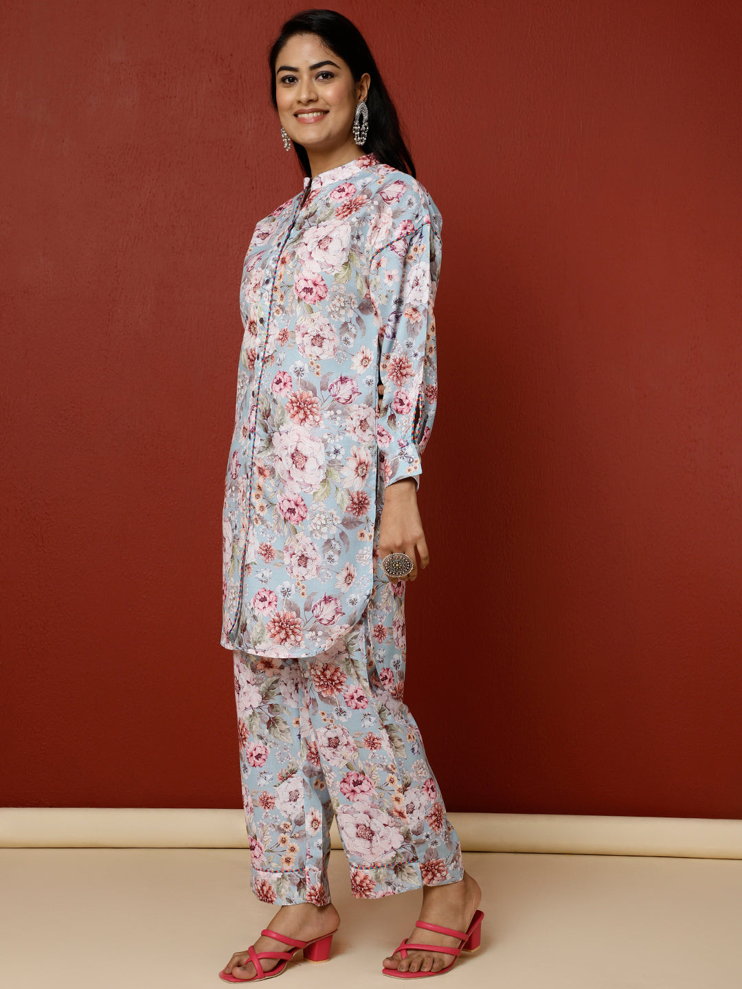 Blue Floral Printed Kurta With Palazzo Co-ord Set