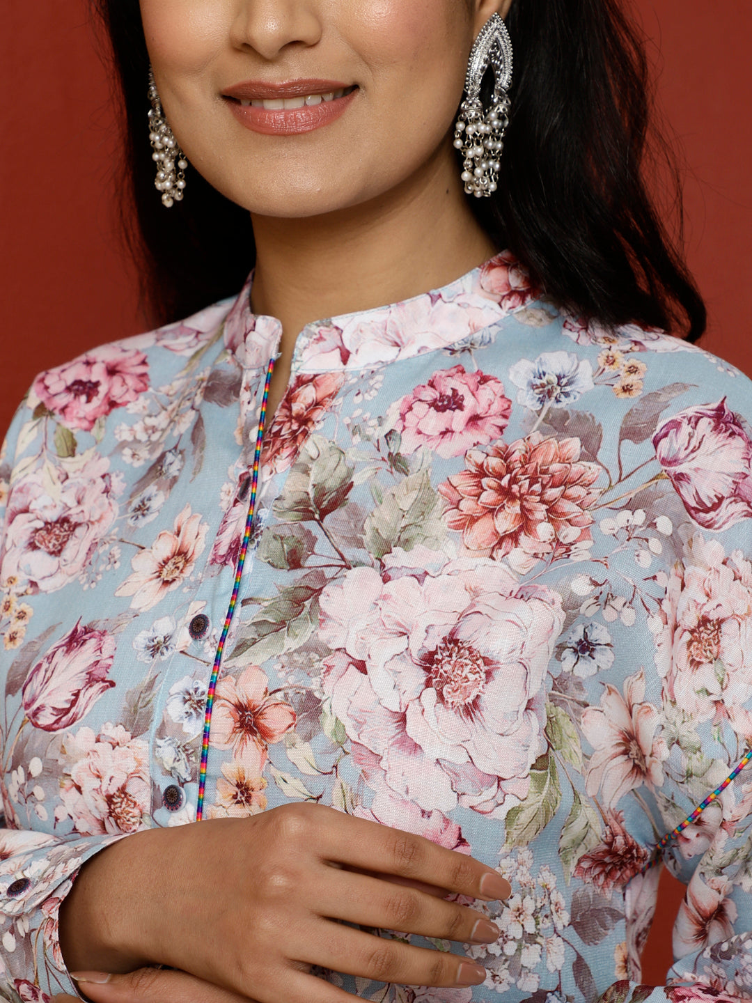 Blue Floral Printed Kurta With Palazzo Co-ord Set