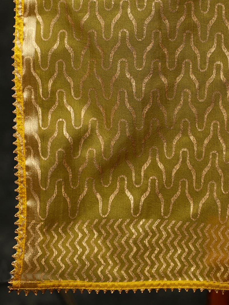 Mustard Zigzag Printed Anarkali Kurta With Pants And Dupatta