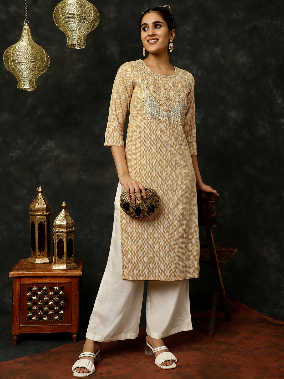 Beige Ethnic Motif Printed Embroidered Straight Kurta