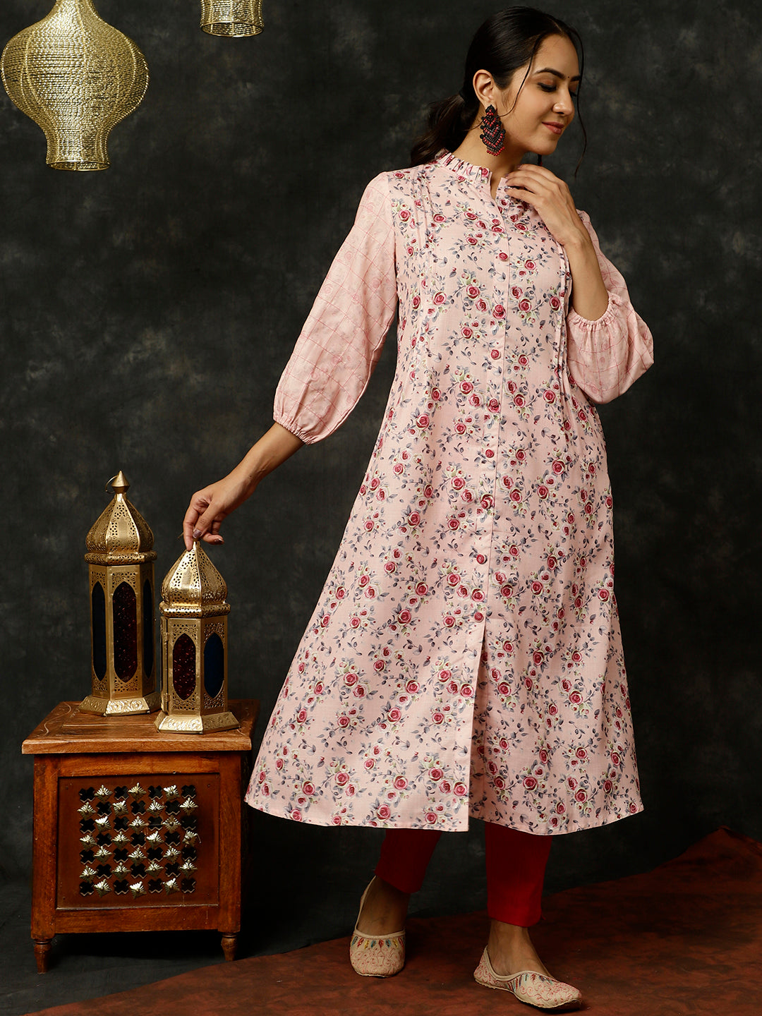 Pink Rose Printed A-line Kurta