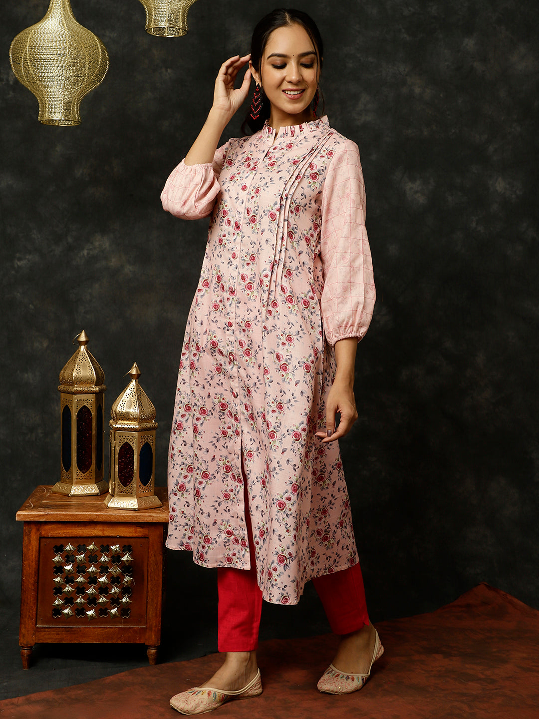 Pink Rose Printed A-line Kurta