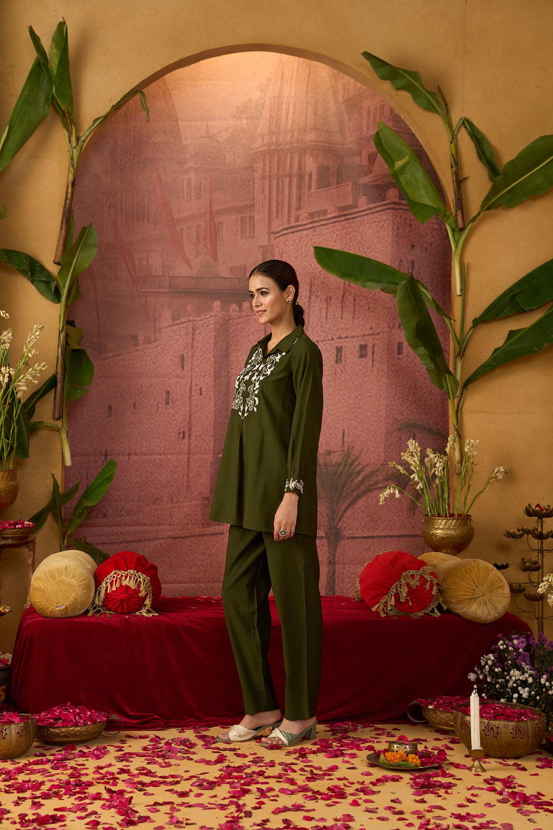 Floral Embroidered Straight Viscose Rayon Top & Trousers Sets