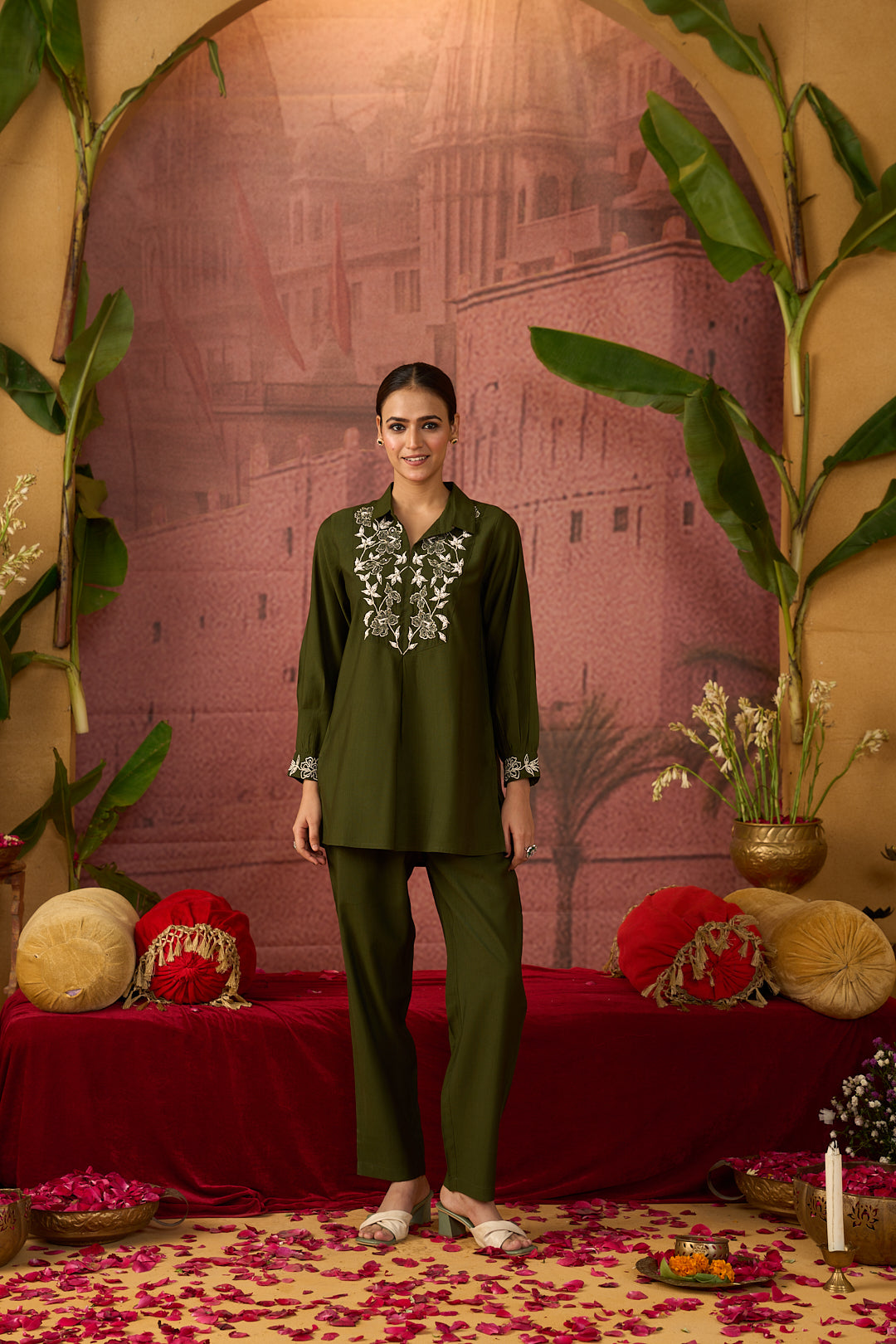 Floral Embroidered Straight Viscose Rayon Top & Trousers Sets