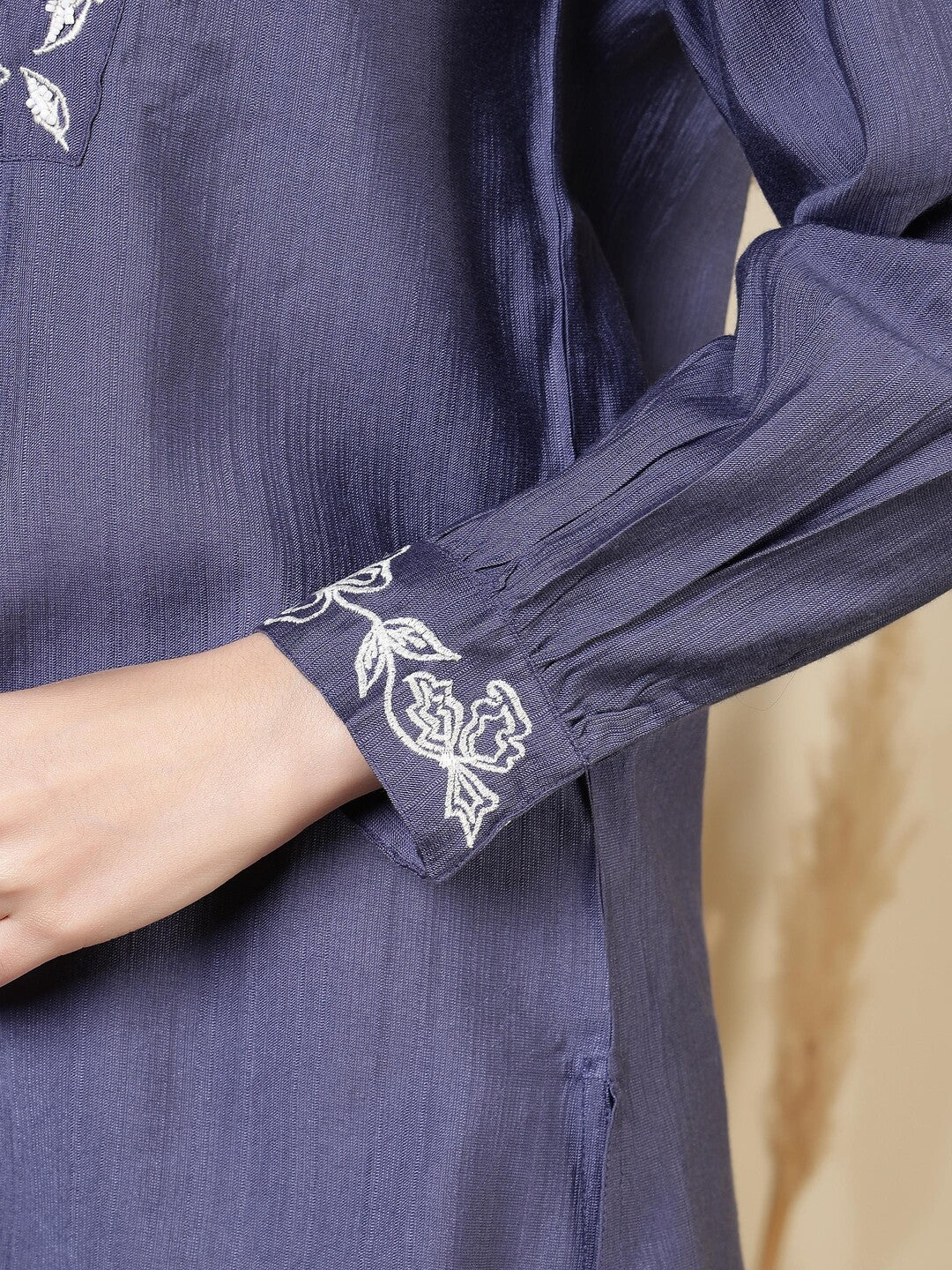 Solid Embroidered Straight Kurta & Trousers Sets