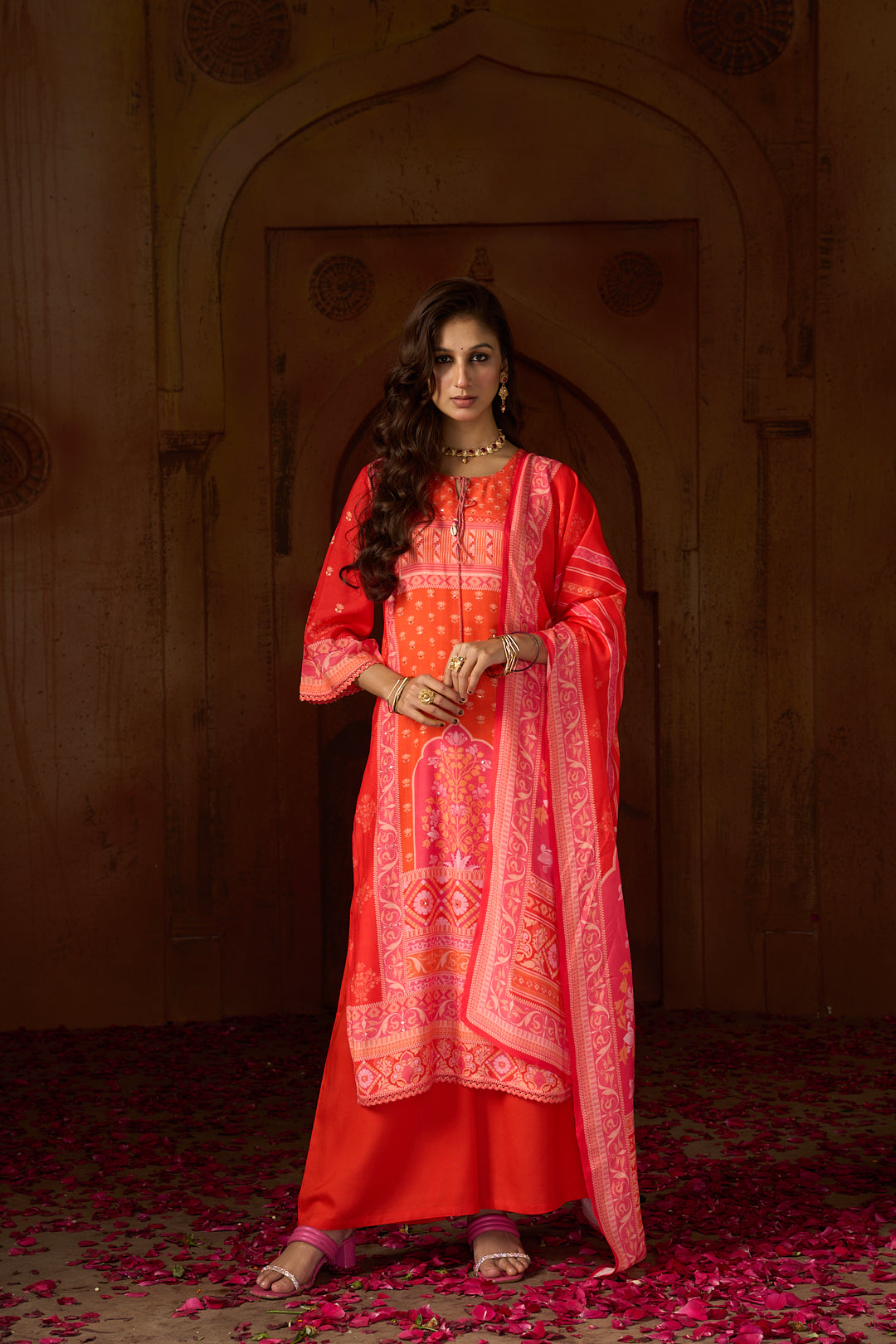 Floral Embroidered Straight Pure Cotton Kurta & Palazzos Sets