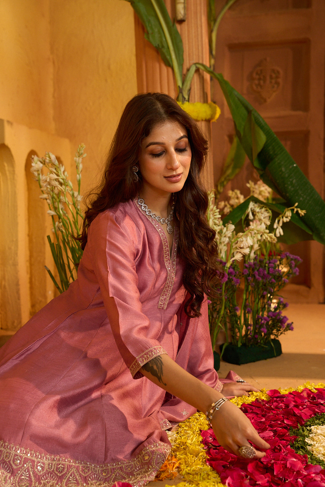 Floral Embroidered A-Line Silk Blend Kurta & Sharara Sets