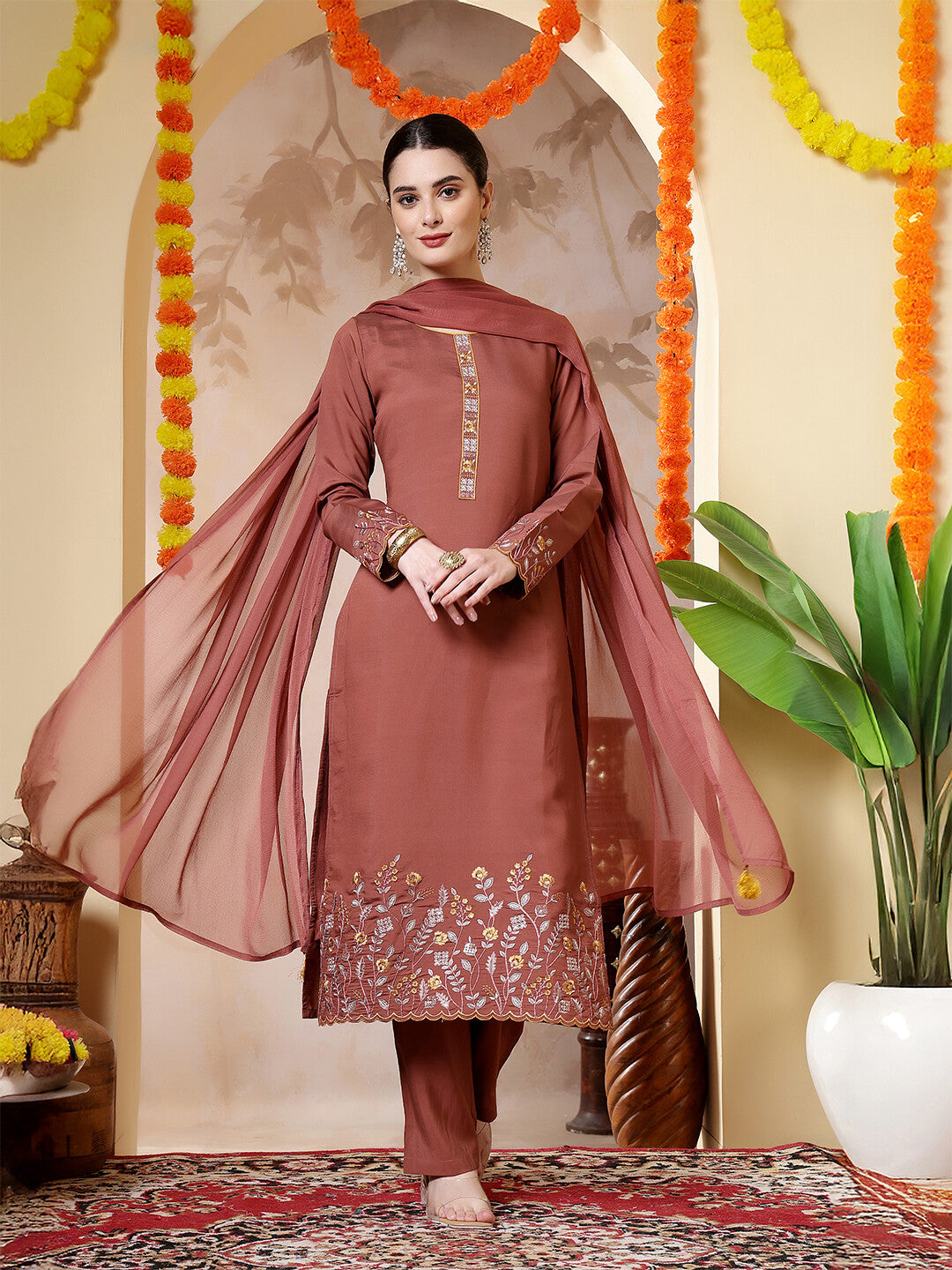 Floral Embroidered Straight Kurta & Trousers Sets