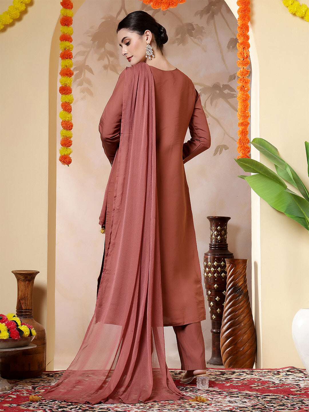 Floral Embroidered Straight Kurta & Trousers Sets