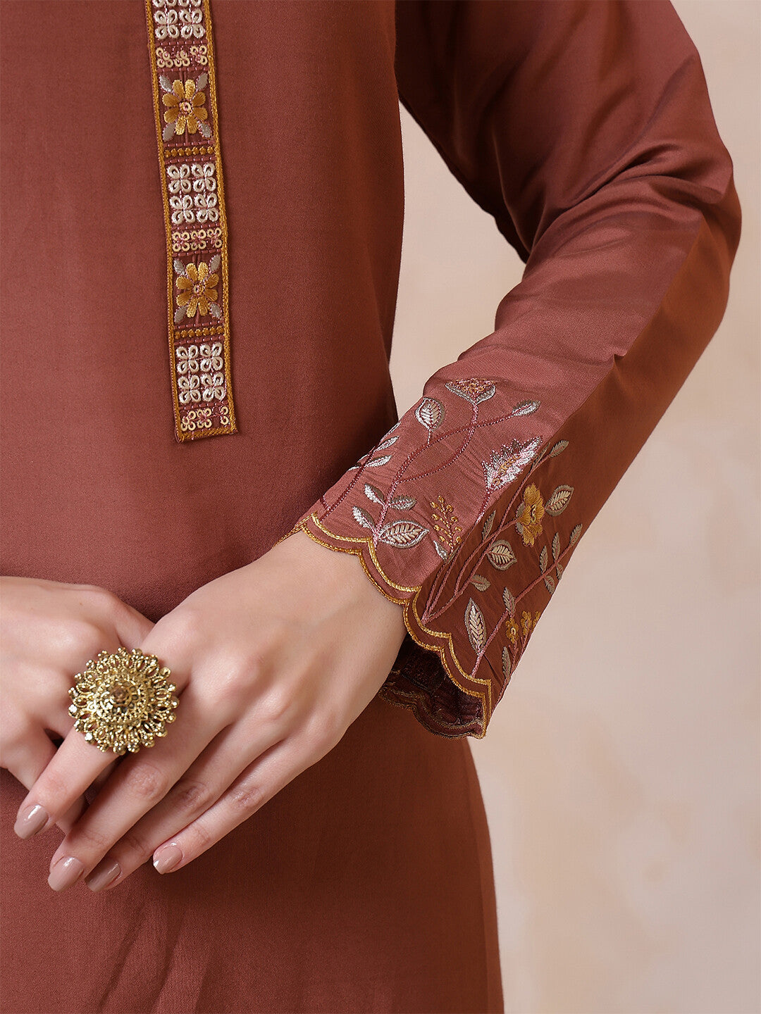 Floral Embroidered Straight Kurta & Trousers Sets