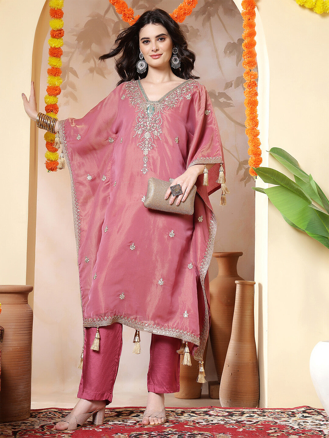Floral Embroidered Kaftan Kurta & Trousers Sets