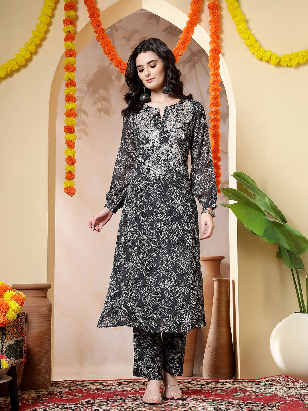 Bandhani Embroidered Straight Kurta & Trousers Sets