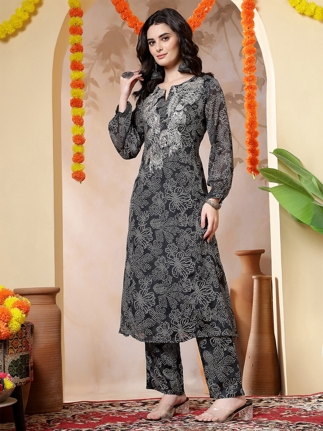 Bandhani Embroidered Straight Kurta & Trousers Sets