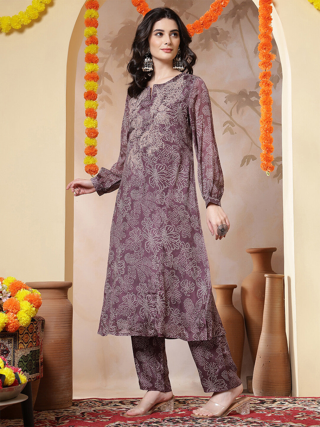 Bandhani Embroidered Straight Kurta & Trousers Sets
