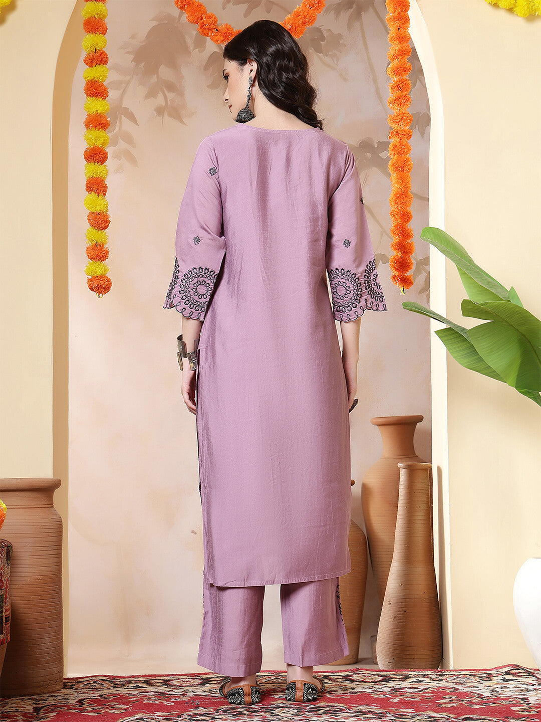 Floral Embroidered Straight Kurta & Trousers Sets
