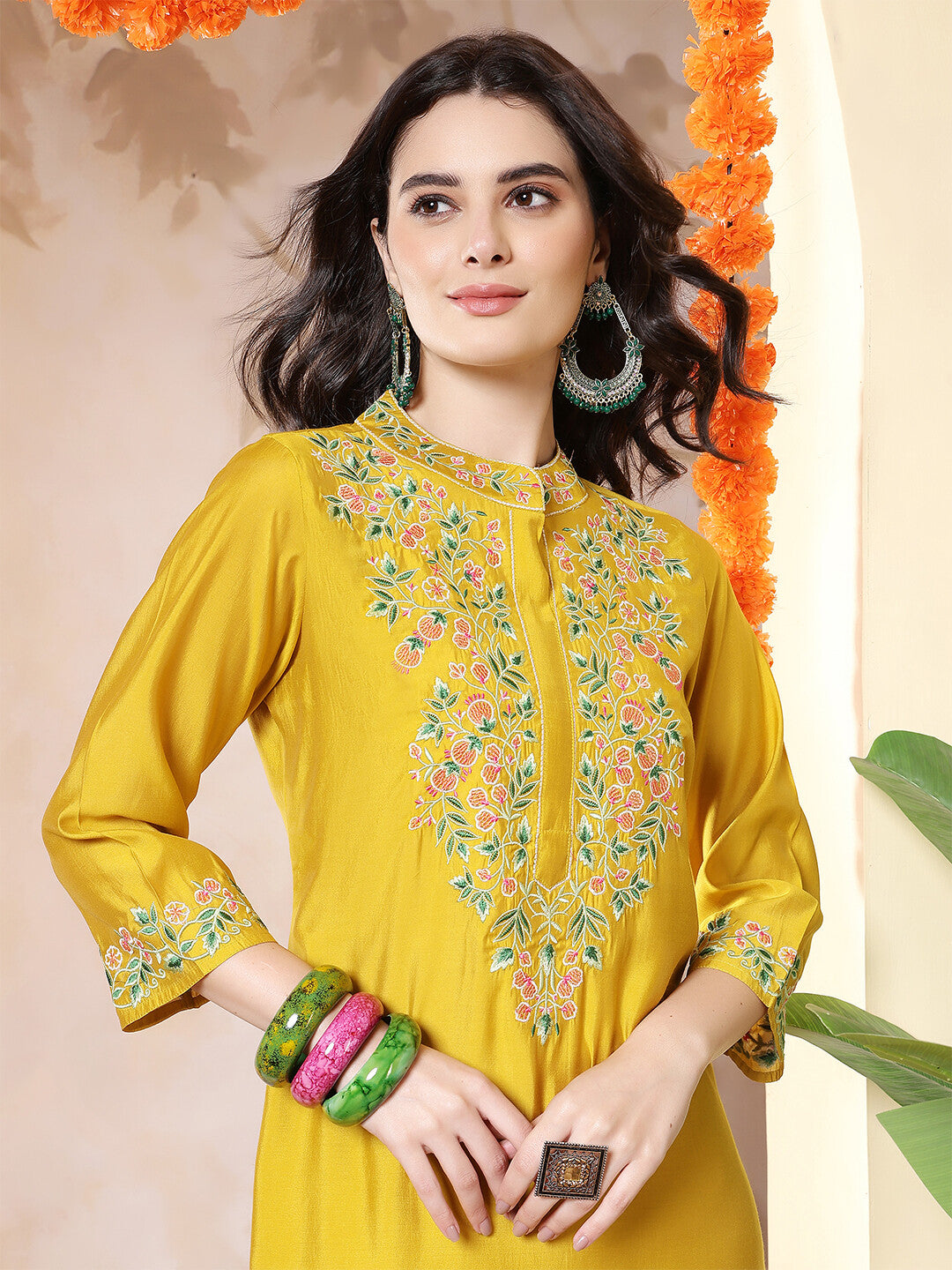 Floral Embroidered Straight Kurta & Trousers Sets