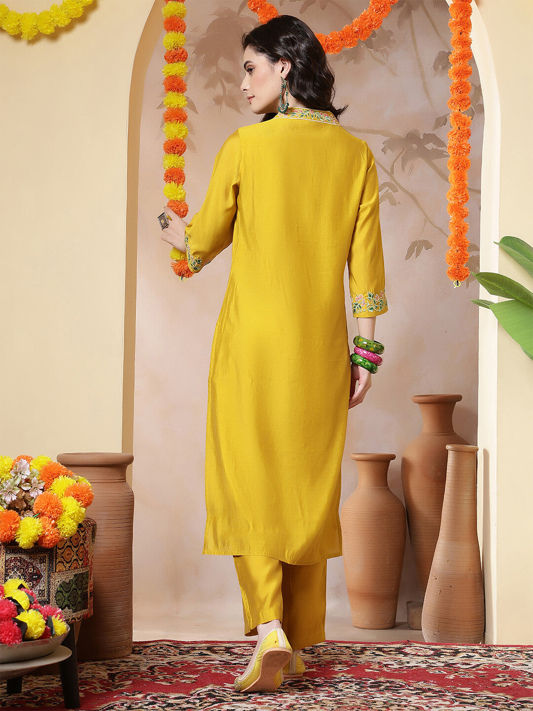 Floral Embroidered Straight Kurta & Trousers Sets