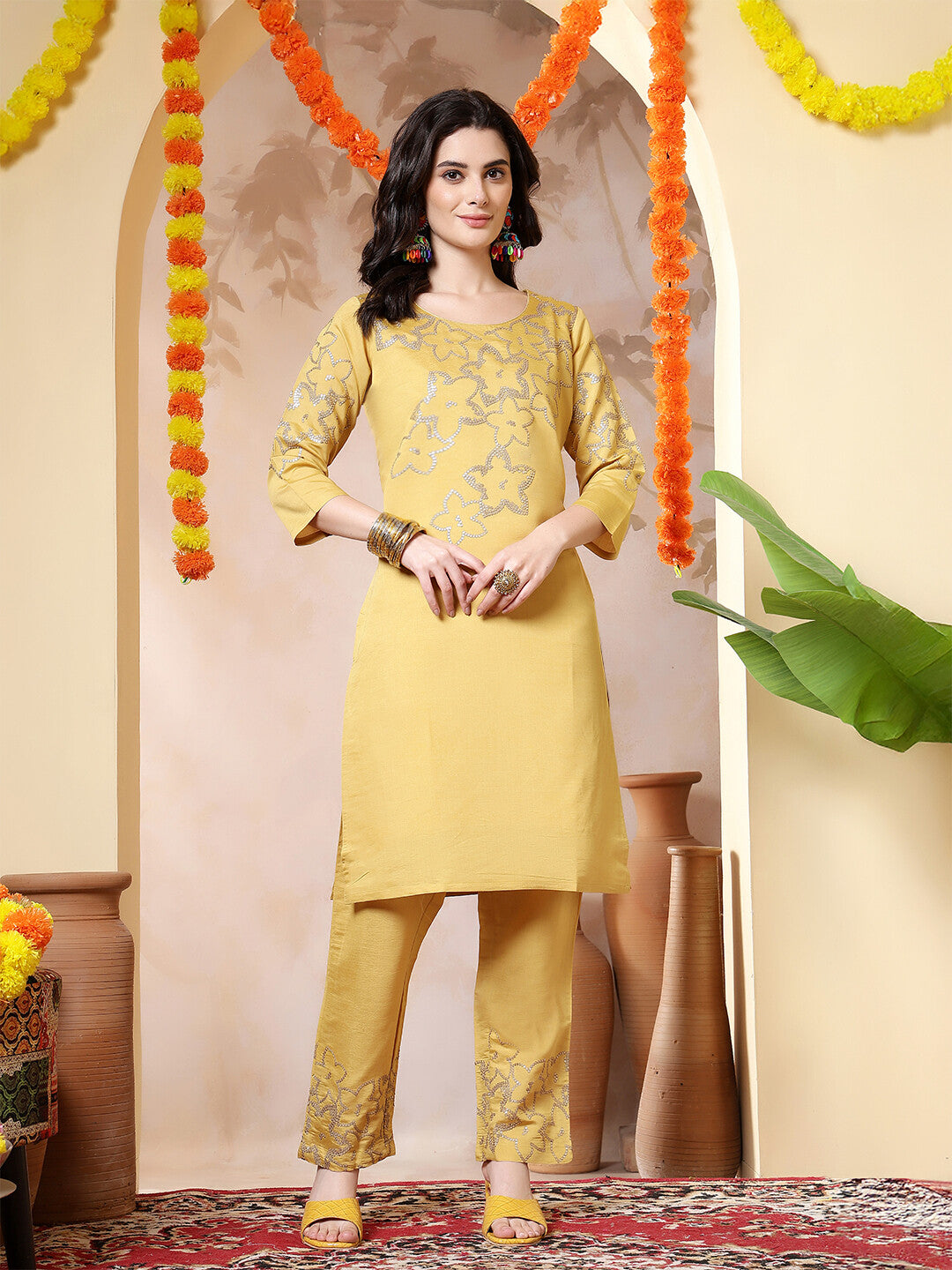 Floral Embroidered Straight Kurta & Trousers Sets