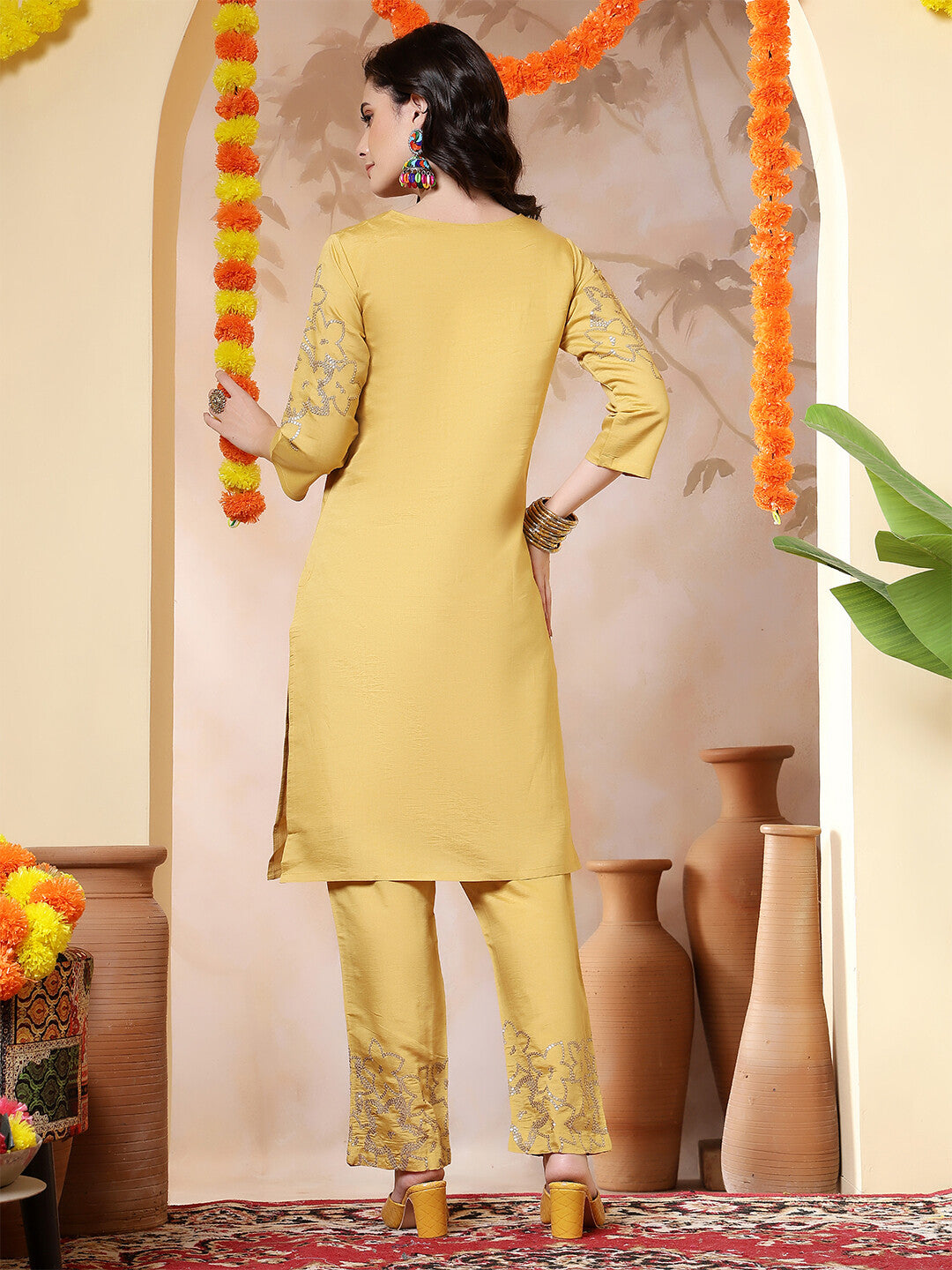 Floral Embroidered Straight Kurta & Trousers Sets