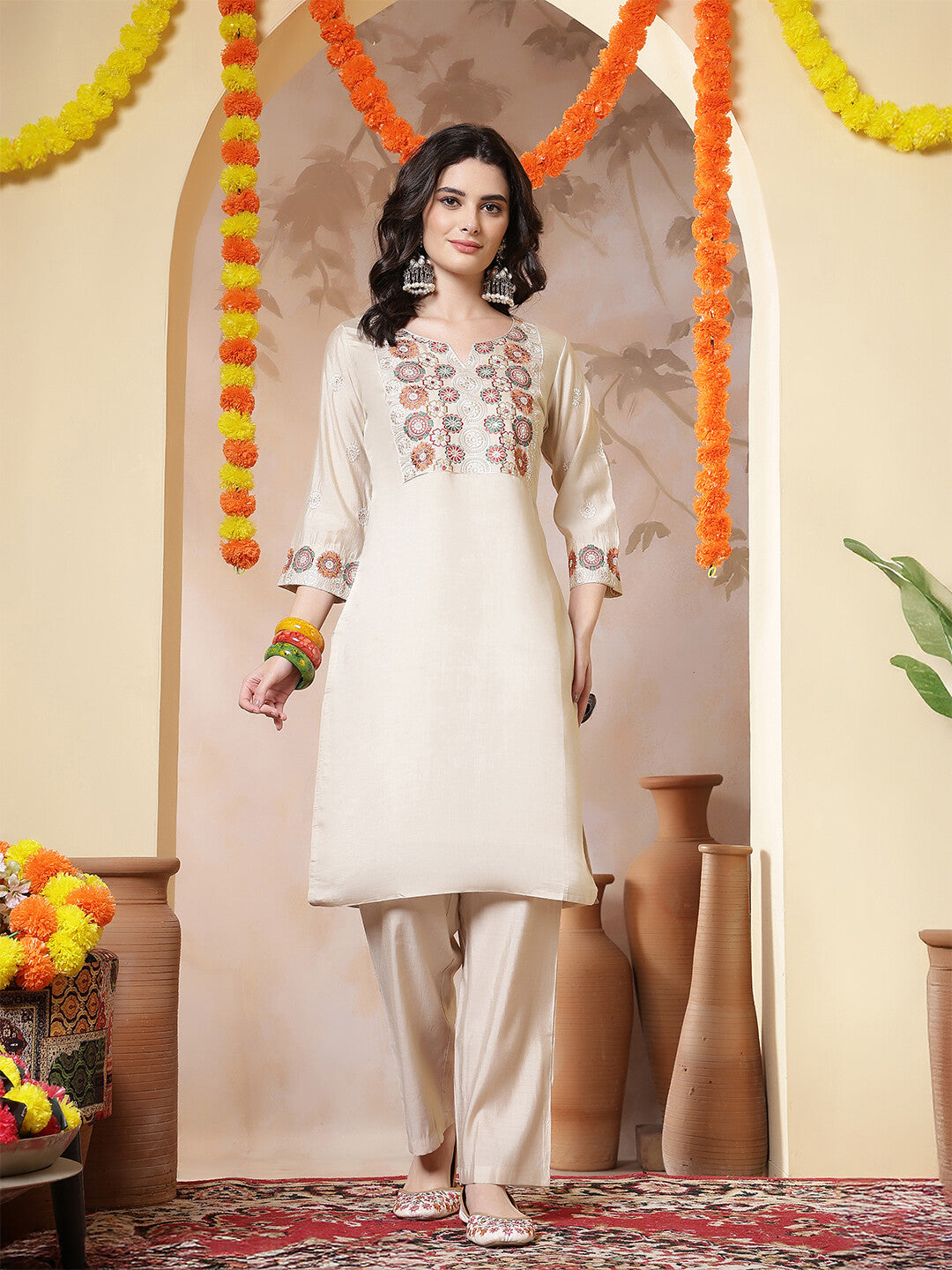Floral Embroidered Straight Kurta & Trousers Sets