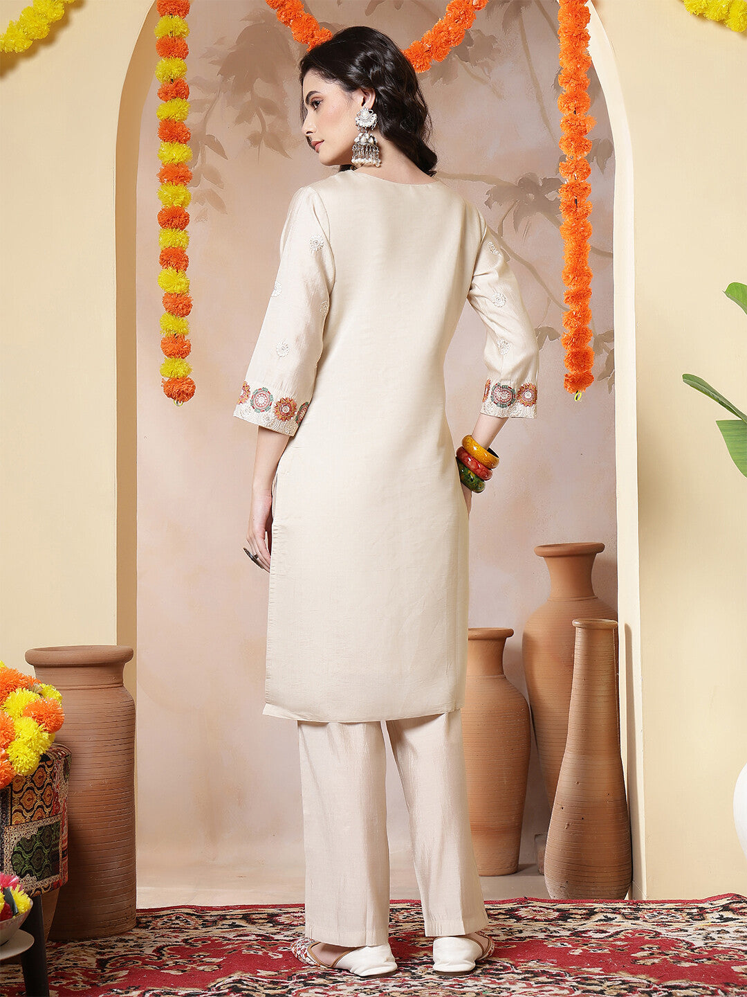 Floral Embroidered Straight Kurta & Trousers Sets
