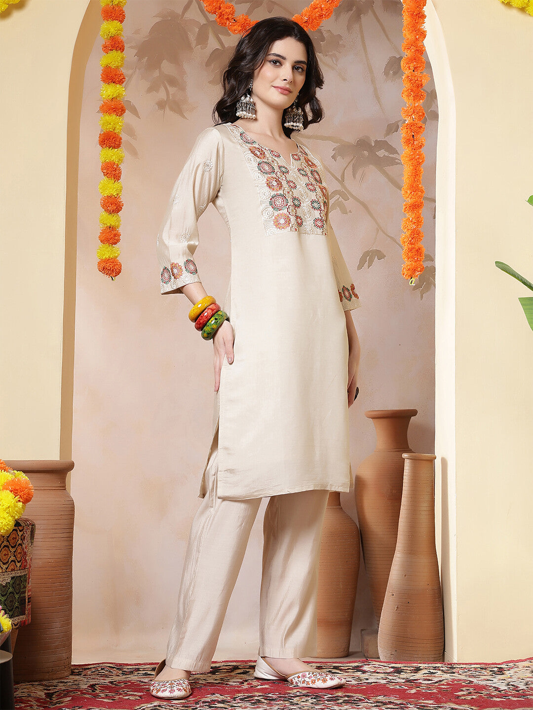 Floral Embroidered Straight Kurta & Trousers Sets