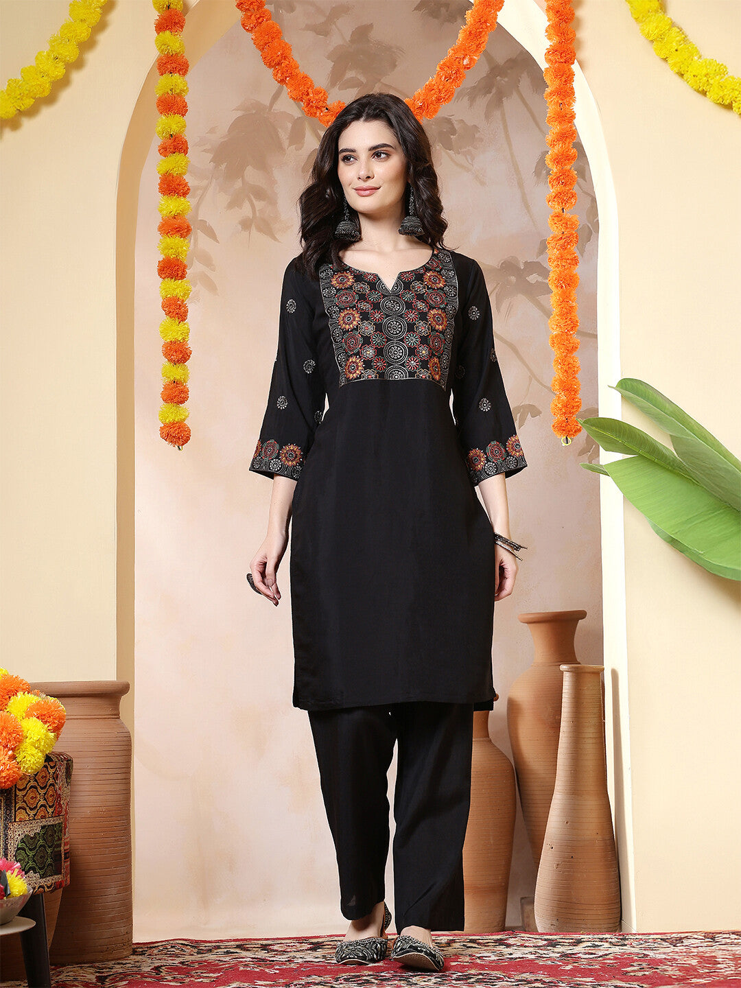 Floral Embroidered Straight Kurta & Trousers Sets