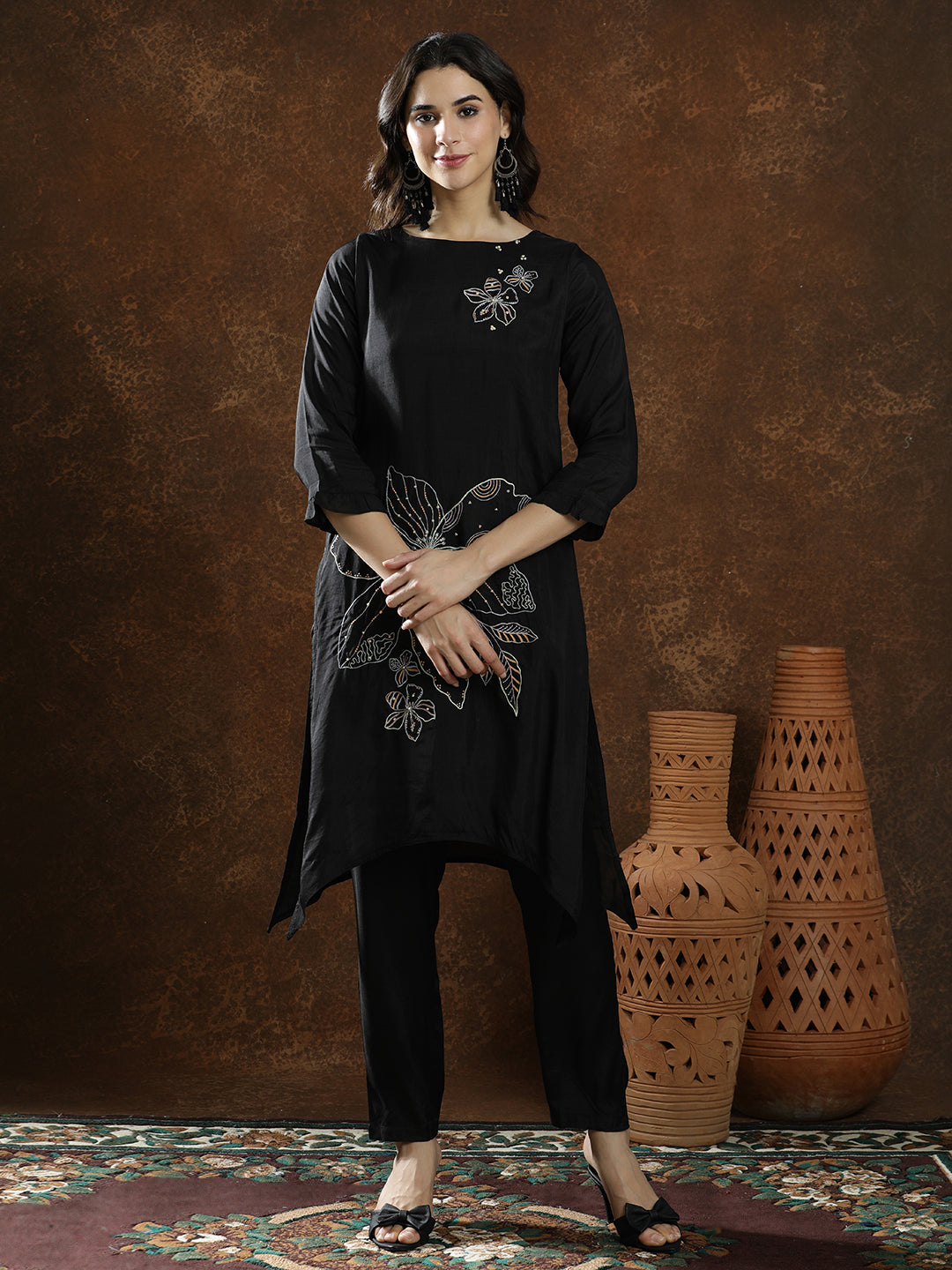 Floral Embroidered A-Line Kurta & Trousers Sets
