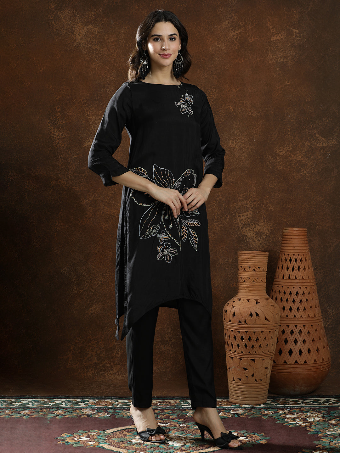 Floral Embroidered A-Line Kurta & Trousers Sets