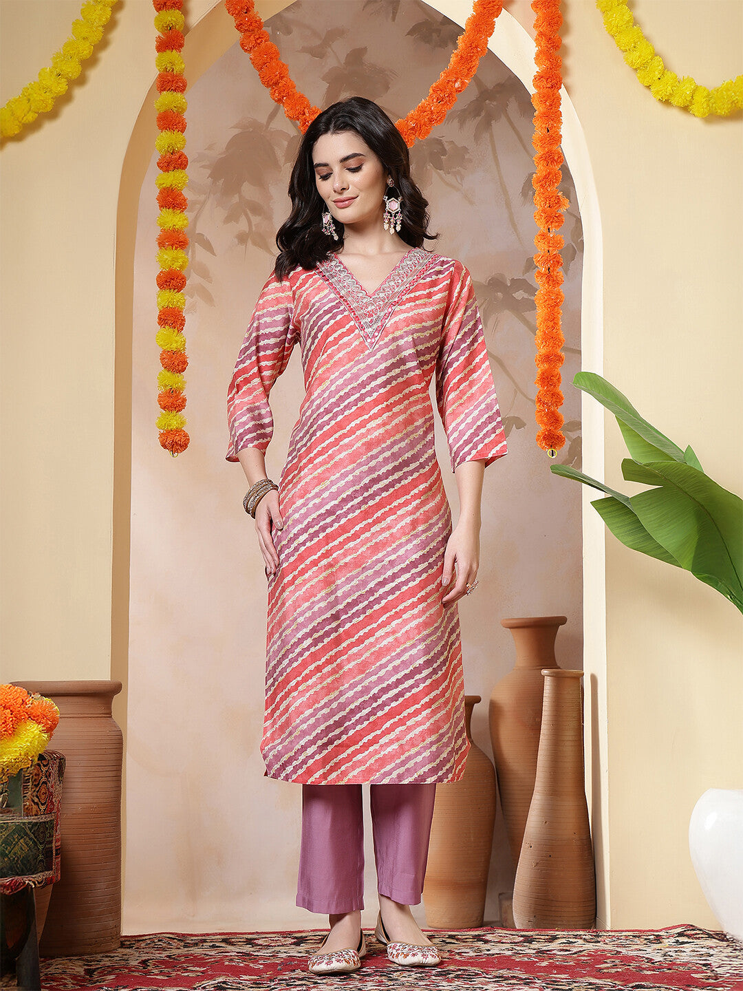 Leheriya Embroidered Straight Kurta & Trousers Sets