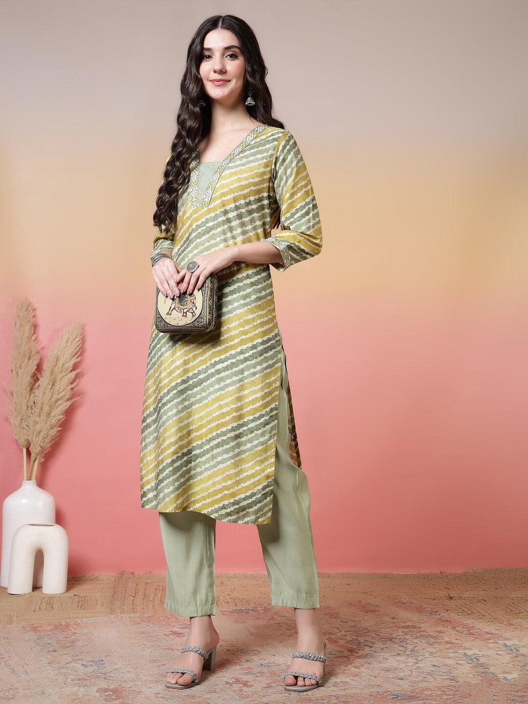 Leheriya Embroidered Straight Kurta & Trousers Sets
