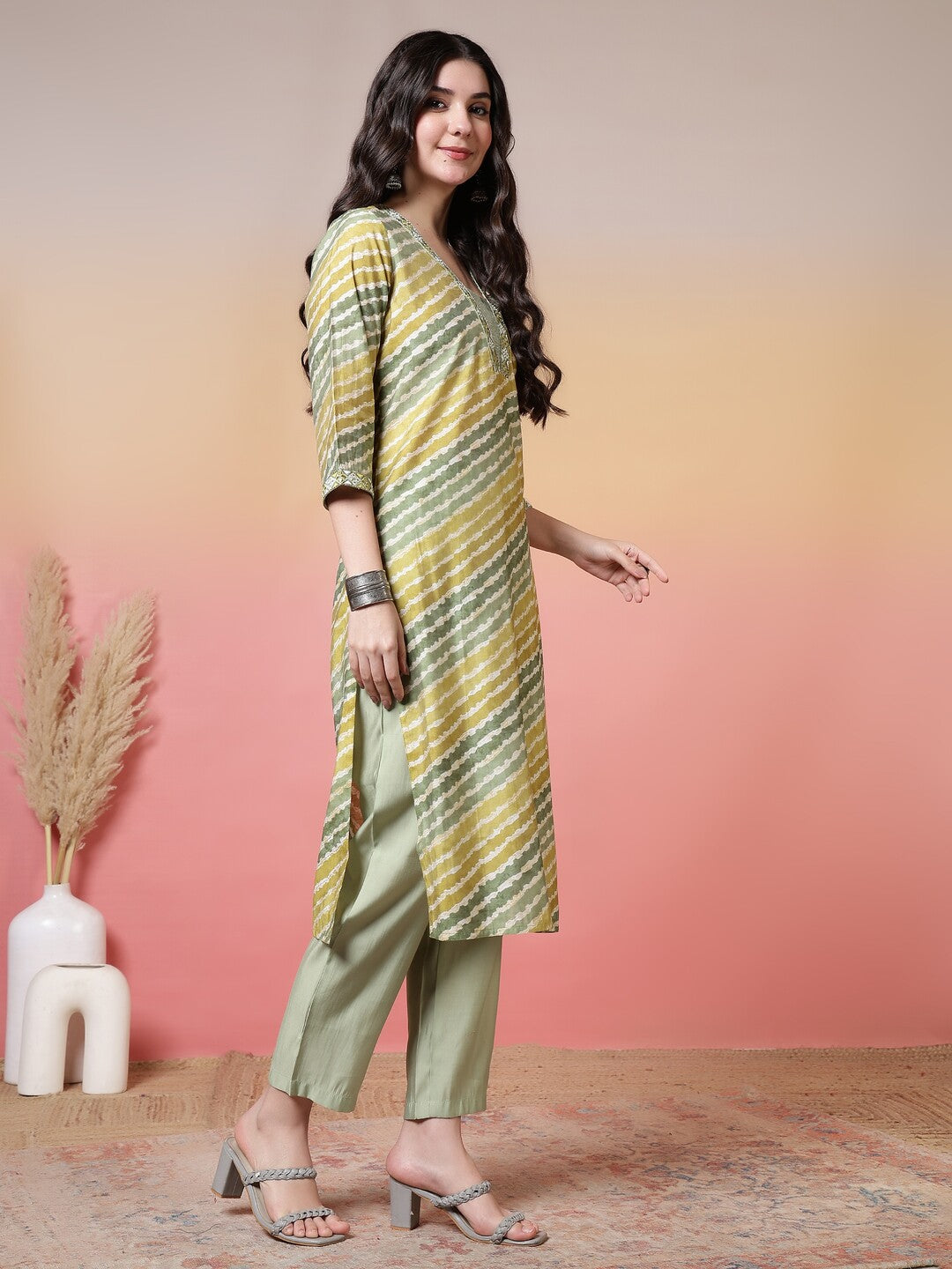 Leheriya Embroidered Straight Kurta & Trousers Sets