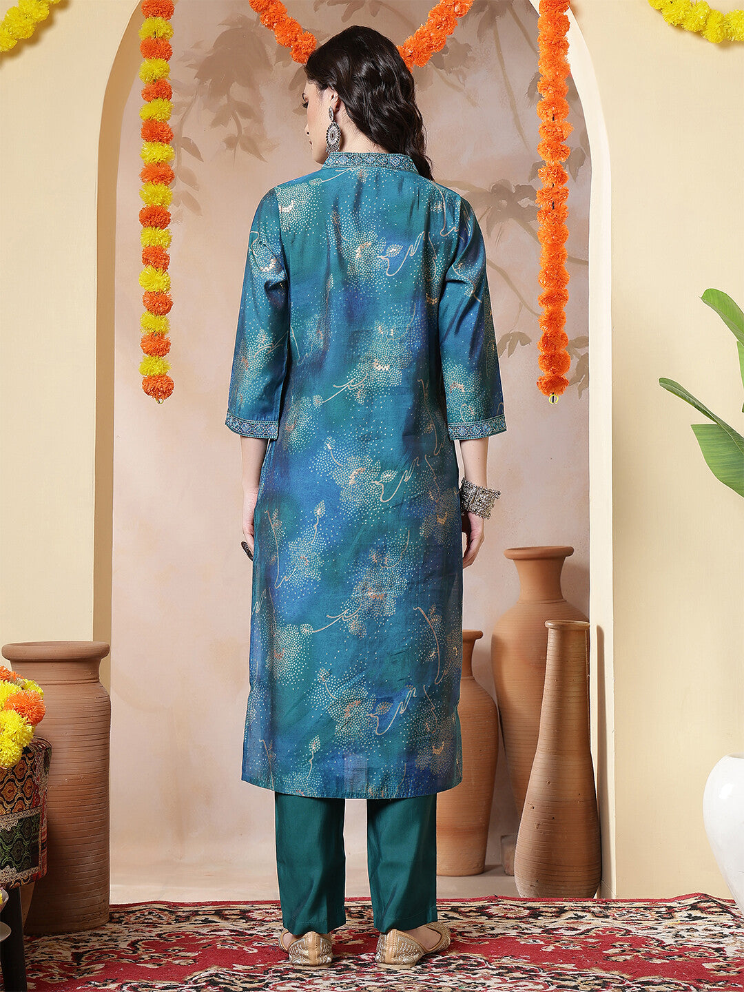 Floral Embroidered Straight Kurta & Trousers Sets