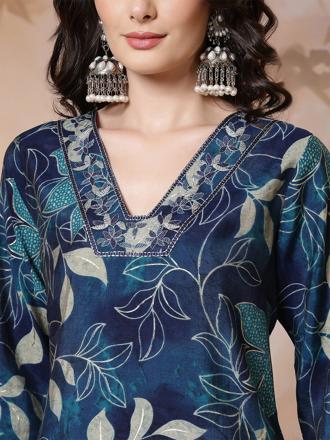 Floral Embroidered Straight Kurta & Trousers Sets