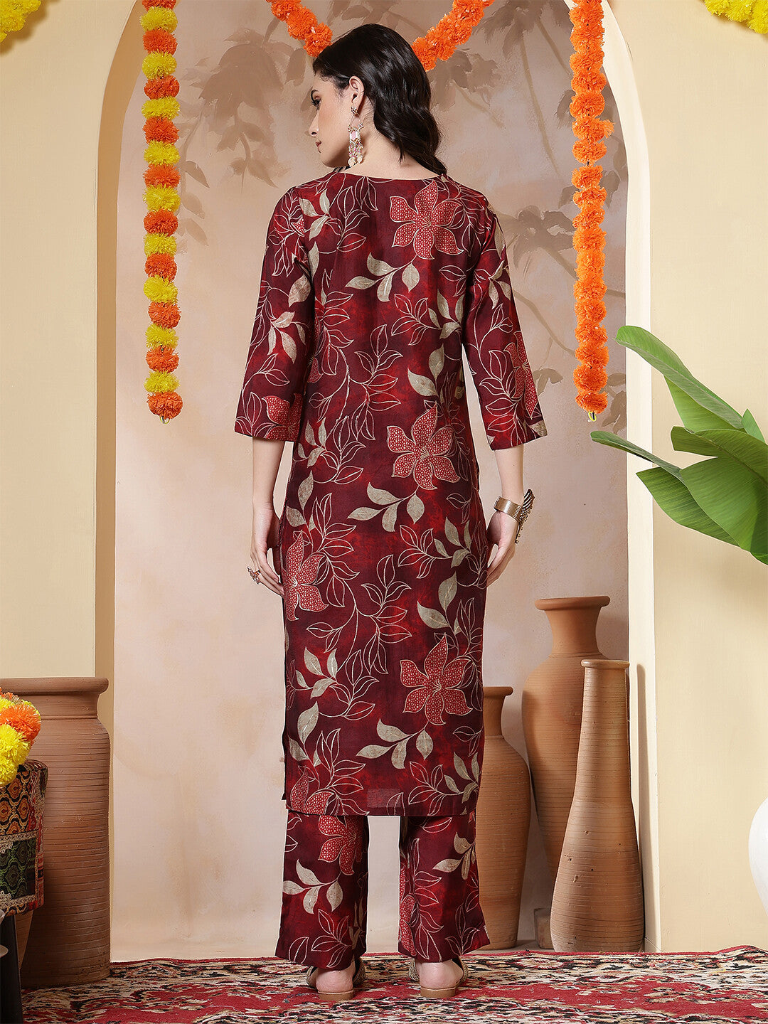 Floral Embroidered Straight Kurta & Trousers Sets