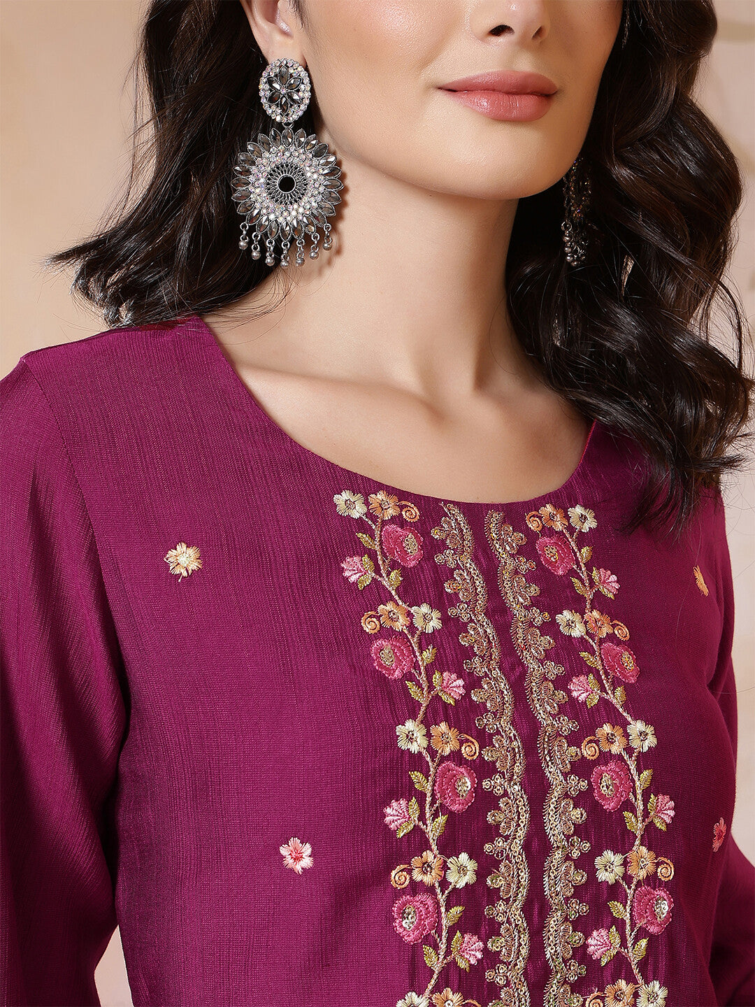 Floral Embroidered Straight Kurta & Trousers Sets