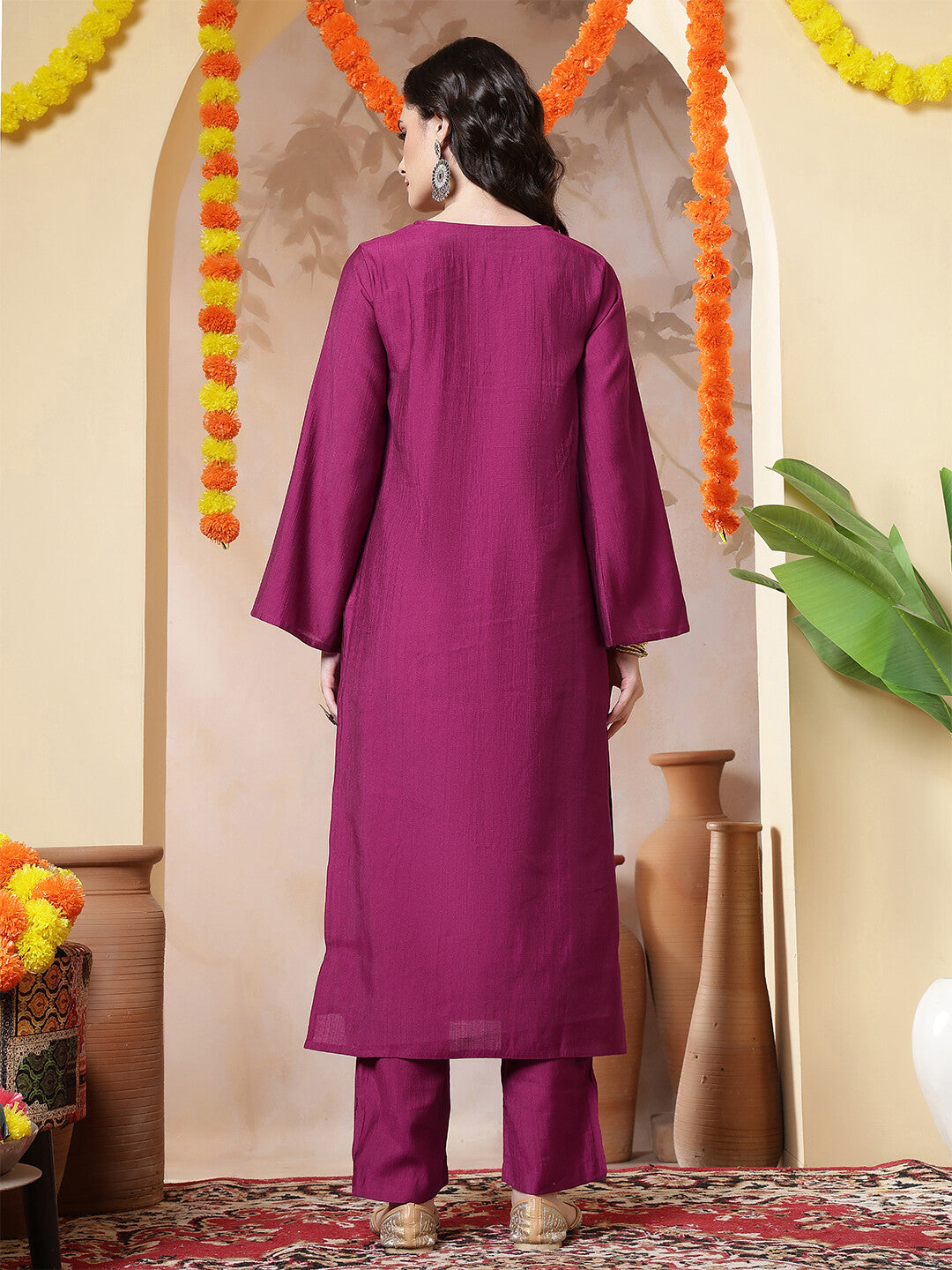 Floral Embroidered Straight Kurta & Trousers Sets