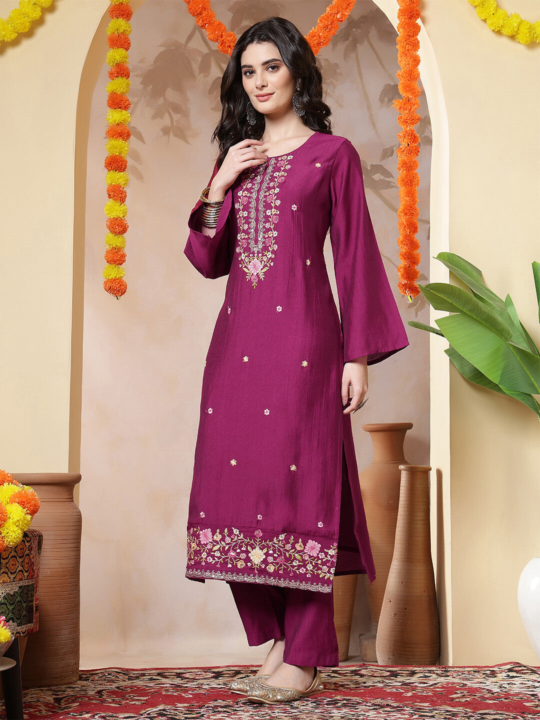 Floral Embroidered Straight Kurta & Trousers Sets