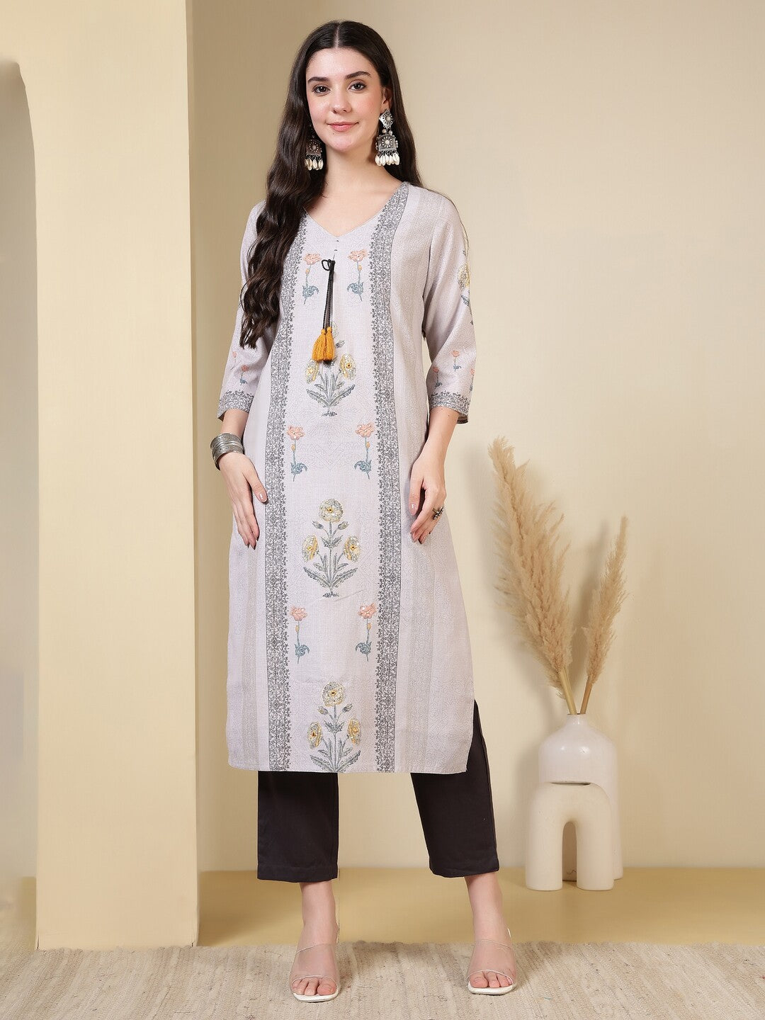 Floral Embroidered Straight Kurta & Trousers Sets
