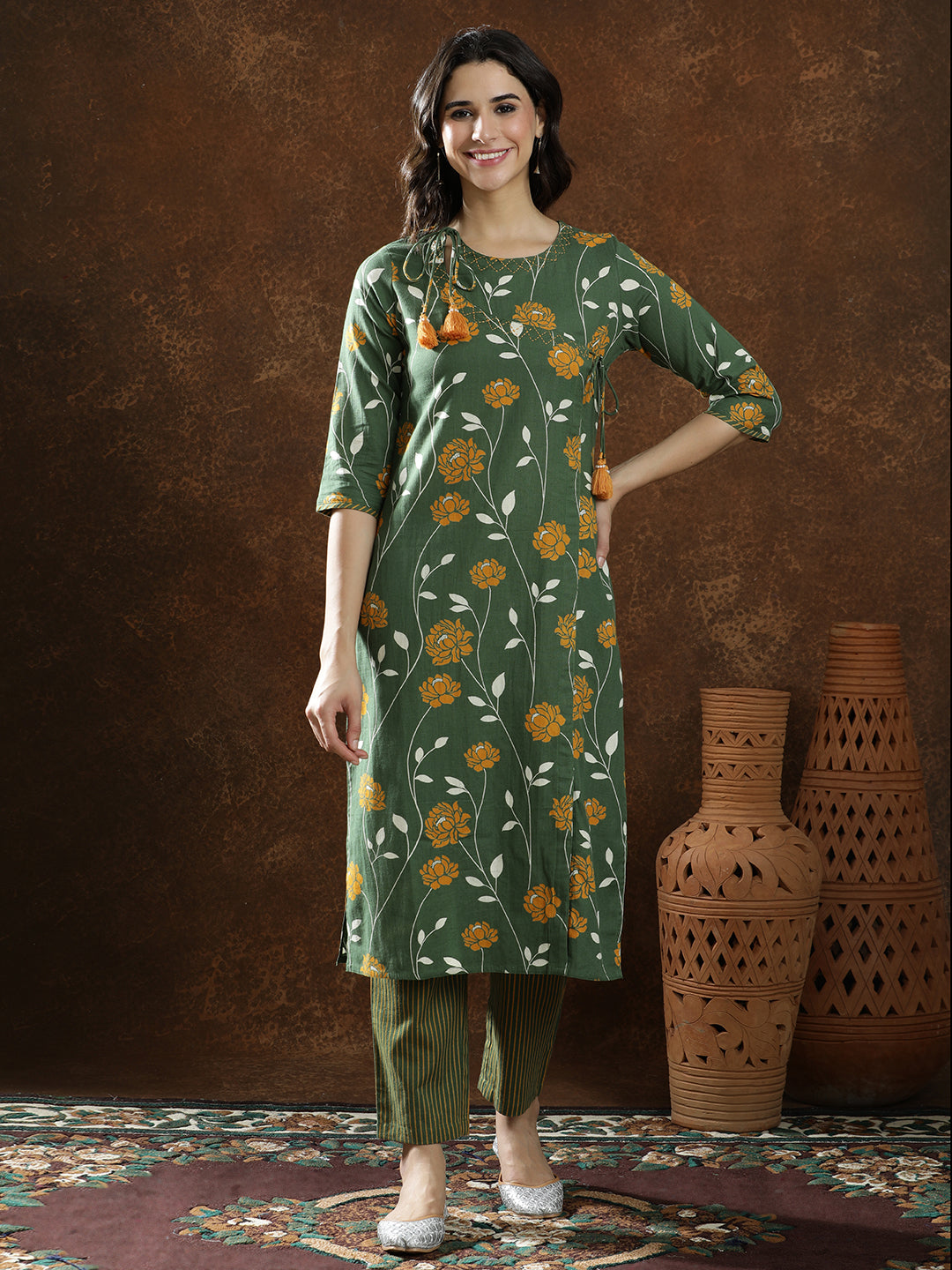 Floral Embroidered Straight Kurta & Trousers Sets