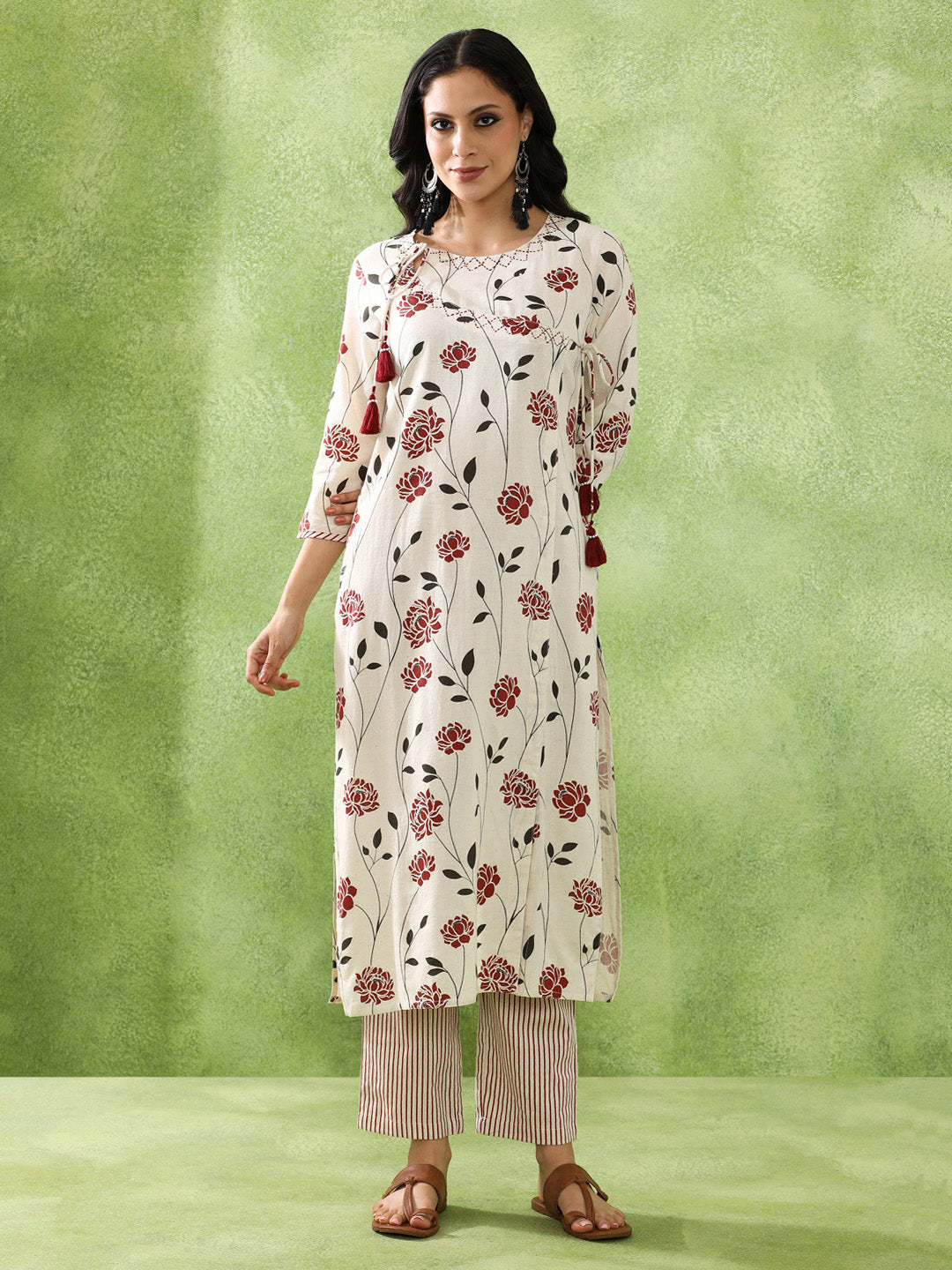Floral Embroidered A-Line Cotton Blend Kurta & Trousers Sets
