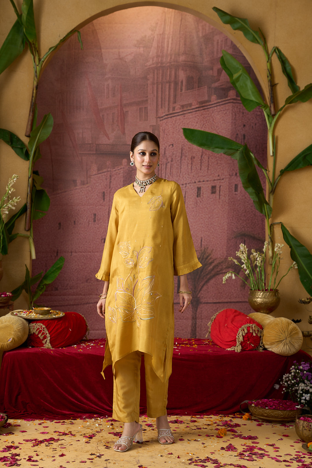 Floral Embroidered A-Line Viscose Rayon Kurta & Trousers Sets