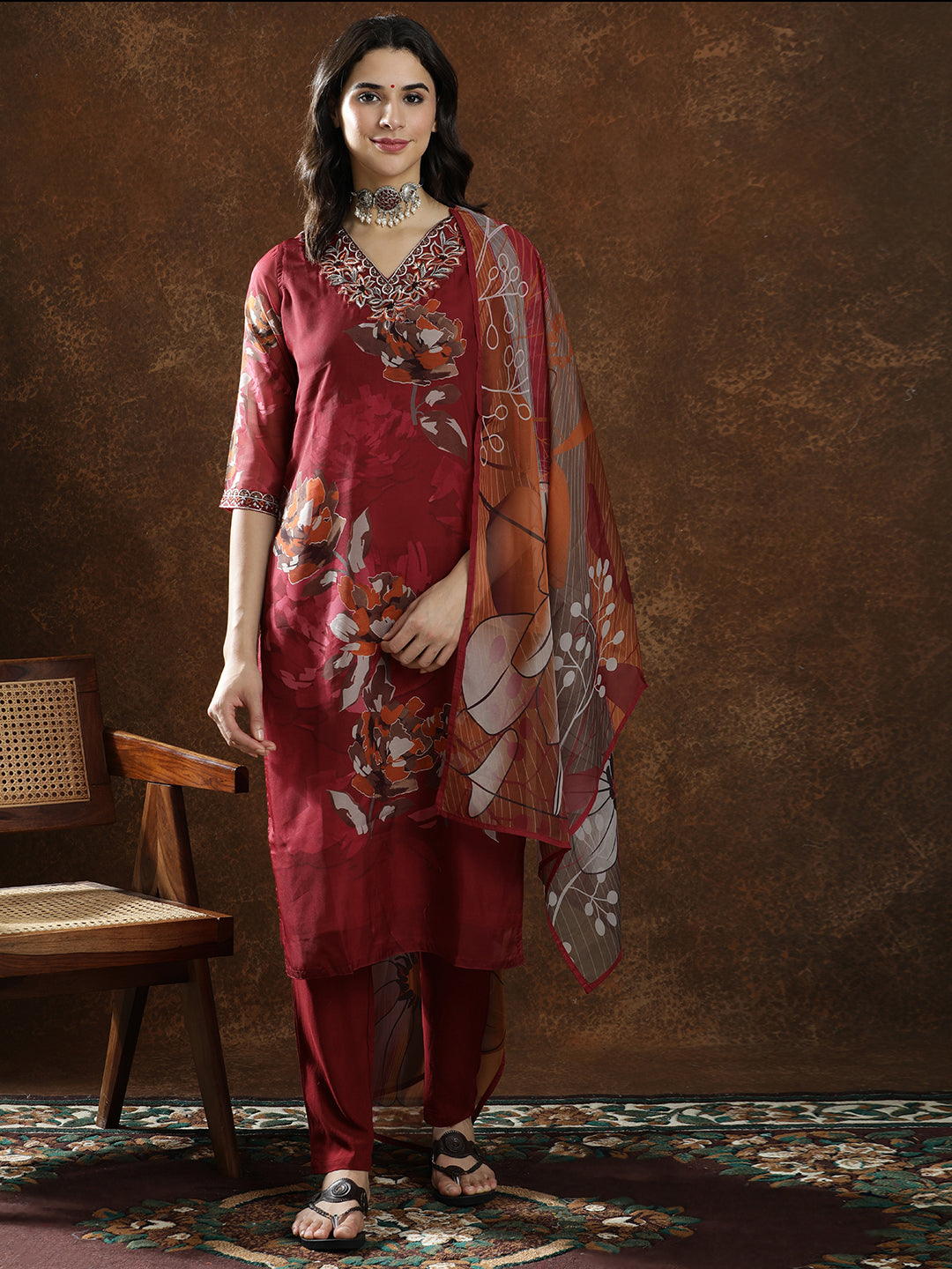 Floral Embroidered Straight Kurta & Trousers Sets