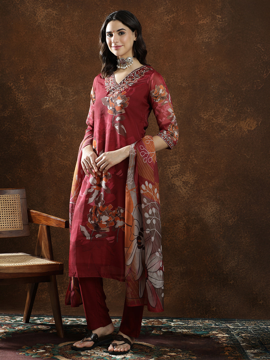 Floral Embroidered Straight Kurta & Trousers Sets