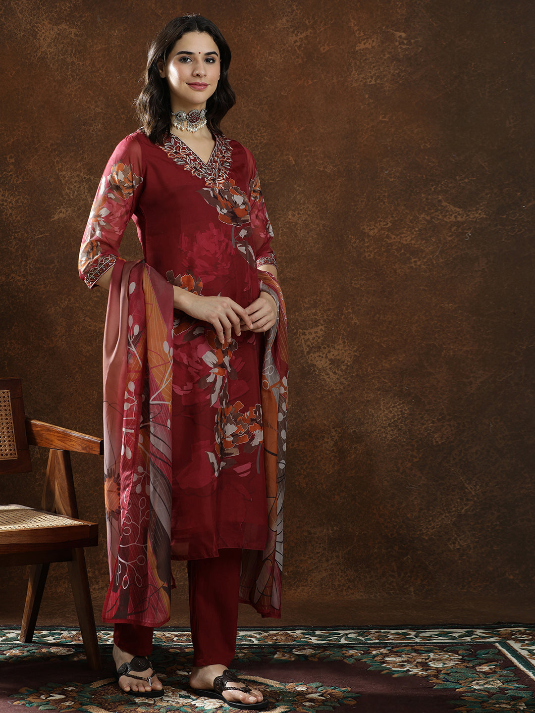Floral Embroidered Straight Kurta & Trousers Sets
