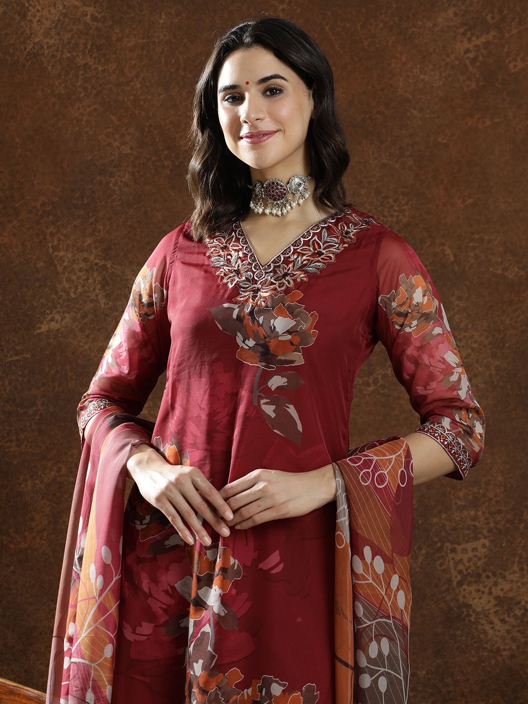 Floral Embroidered Straight Kurta & Trousers Sets