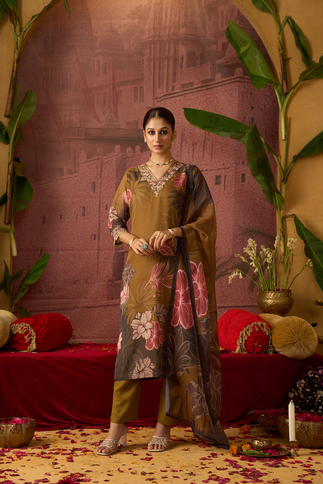 Floral Embroidered Straight Organza Kurta & Trousers Sets