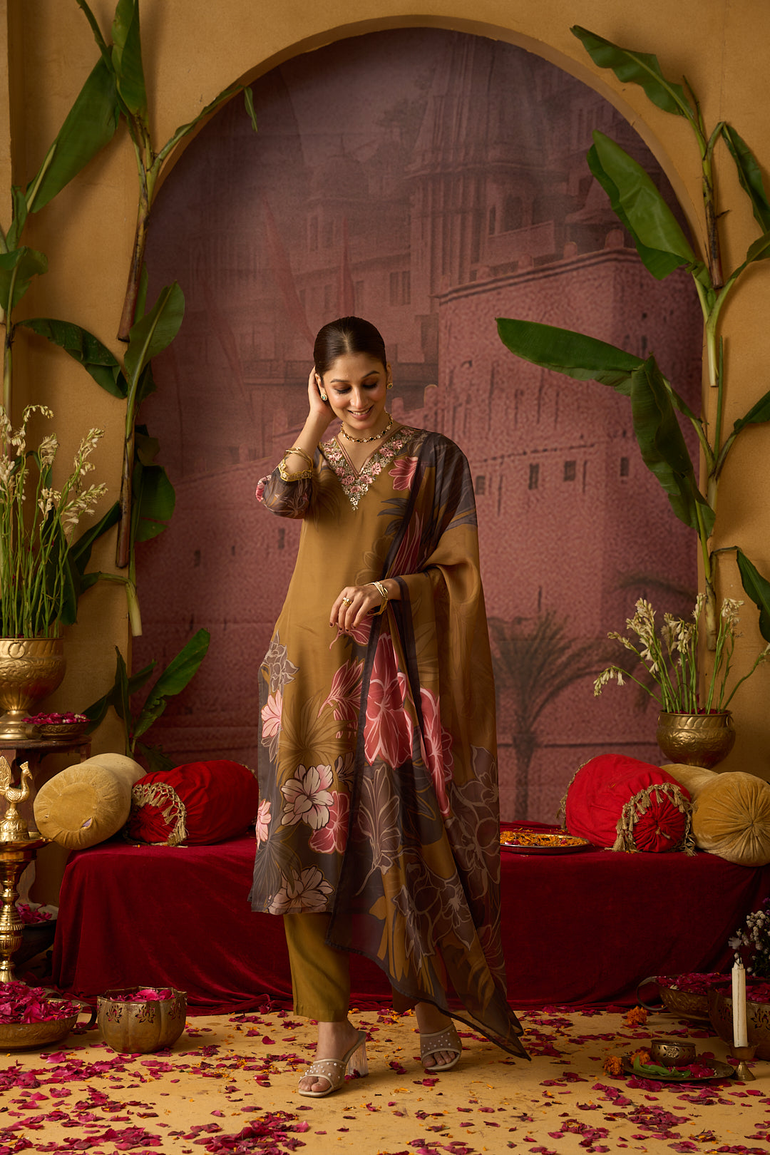 Floral Embroidered Straight Organza Kurta & Trousers Sets